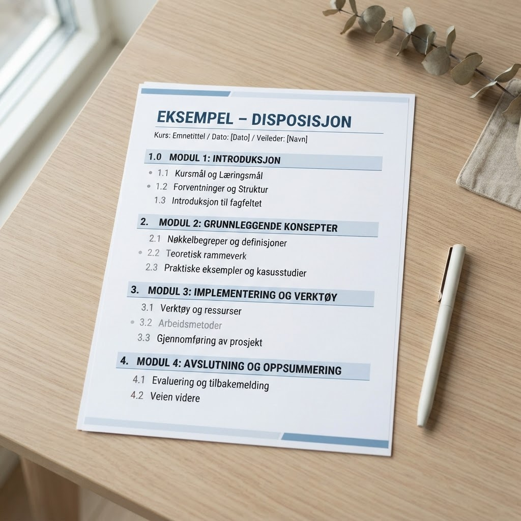 Eksempel på en disposisjonsmal med nummererte seksjoner og plassholdertekst